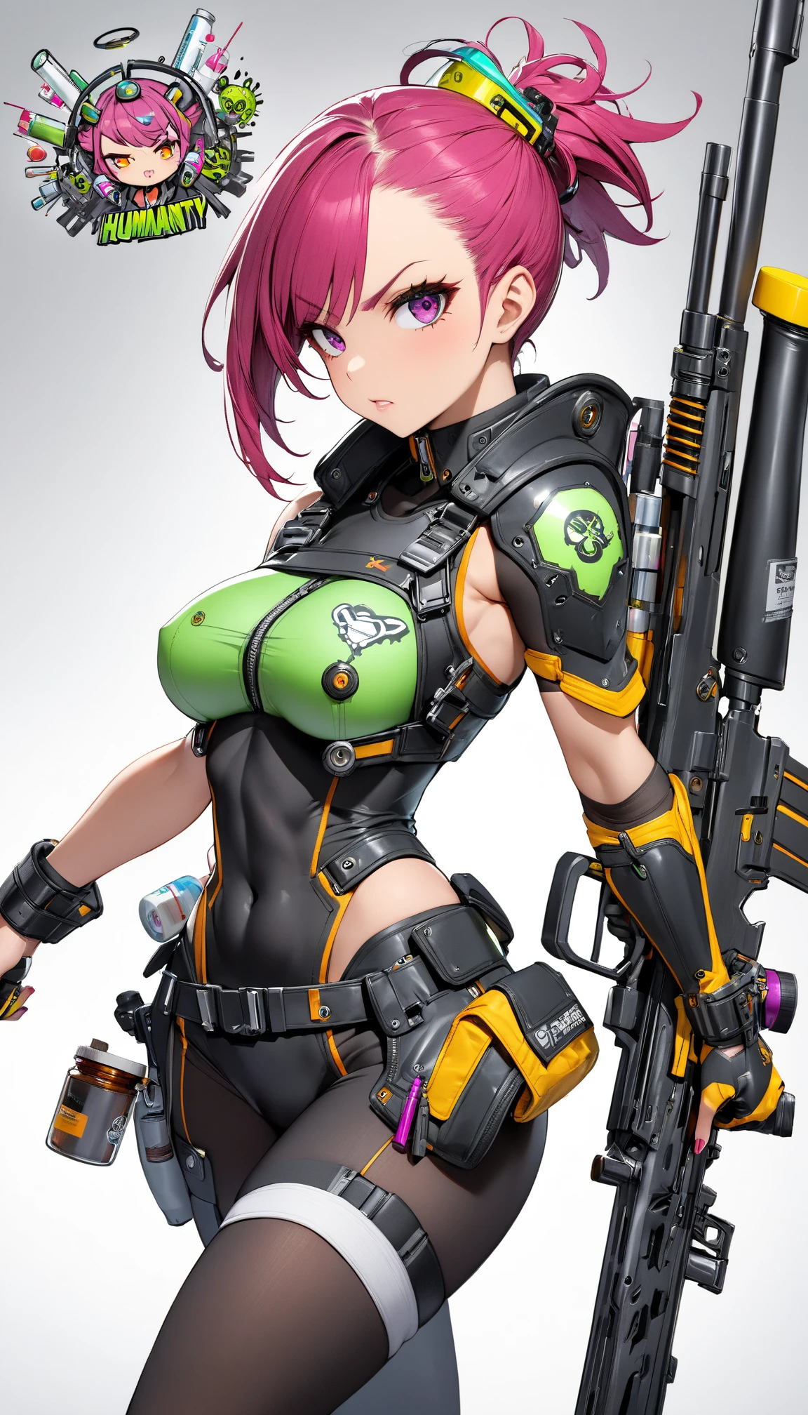 One Girl, Science Punk, Mix new medicines, Sexy combat-focused, Tight body armor with built-in weaponry, Anatomically correct, Mad Science Fantasy, Medicine Buster, Full Composite Rifle, Humanity's ultimate weapon,