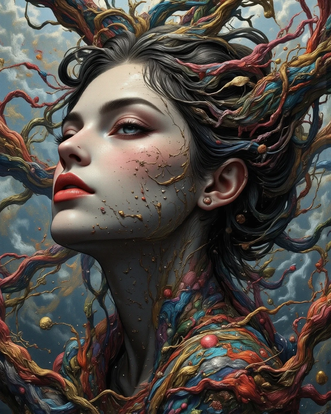 High Quality Realistic Female Face Up、３Noise、Pose、emotion、 skin texture、Line of sight、makeup、 intricate and delicate detail、HDR、UHD、Studio Lighting、Live Action Photo Realistic Fashion Photo