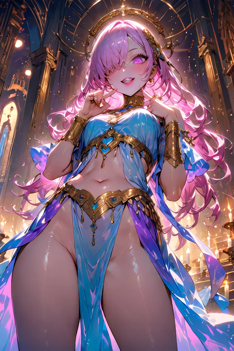grape color, (one princess wearing sexy princess dress with transparent lace sleeves), (photorealistic:1.4), (masterpiece, sidelighting, finely detailed beautiful eyes: 1.2), Dynamic pose, masterpiece*portrait, realistic, 3d face, glowing eyes, shiny hair, lustrous skin, solo, (midriff), extreme long hair, smile, from blow, (masterpiece), best quality, embarrassed, necklace, earrings,