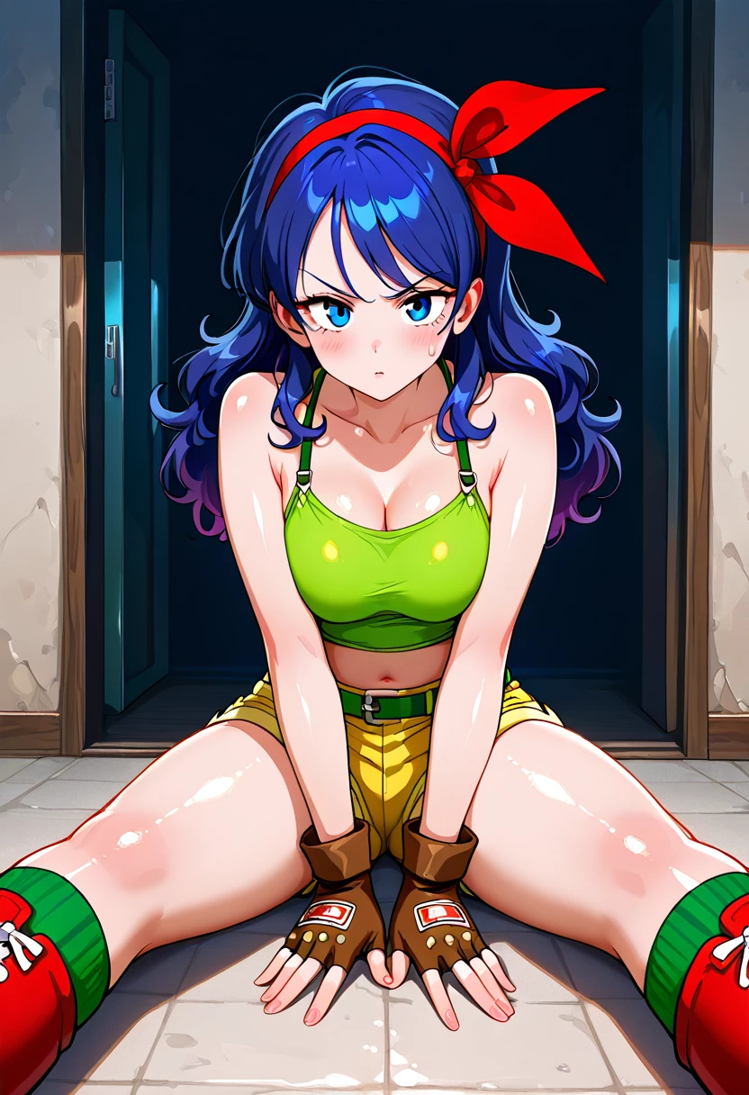 score_9, score_8_up, score_7_up, 1980's style, JK, retro, source anime, flat color, illustration. lum, ranma, single_braid, blue hair, blue eyes, (tiny horns), pointy ears, aqua hair, eyeshadow, 1girl, solo, cute, aviator sunglasses, aviator glasses, big perky breasts, (dramatic lighting), cute girl, sweaty, blush, blushing, makeup, teasing smile, облизывает губы, horny, drunkenly. Clothes: chinese_clothes, (red tangzhuang), tight tiger-stripped jean shorts with frayed edges, cut off tiger-stripped_ jean_shorts, tiny jean shorts, ripped jean shorts on ass, torn jean shorts anus, cropped red tangzhuang, (unbuttoned), bottomless, yellow tiger-stripped thigh boots, dressed slutty. Background: living room, sitting next to bed, big window, high floor. Pose: spread legs, leaning back, dynamic posing, showing ass to viewer, facing away, Expressiveh, from below, from side, elegant, erotic, sensual, mature, (from the side, booty up, ass up, doggy style).