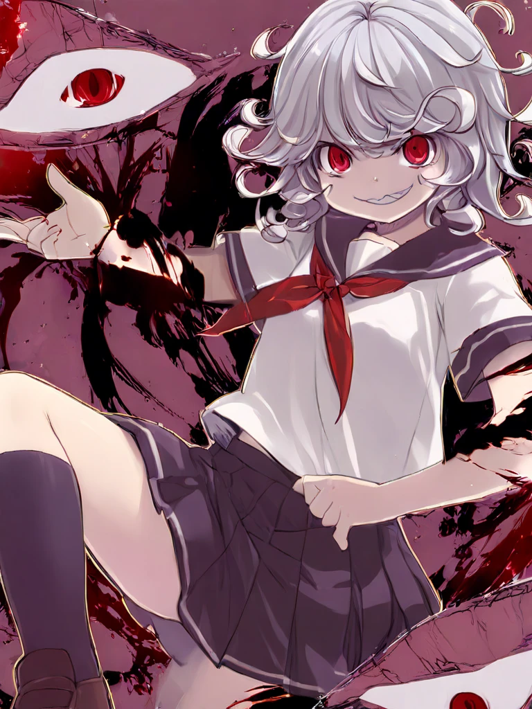 ((school uniform)),((high school girl)), Outline 赤, ((Dynamic Leg Kick)), scribble, nightmare, Doll-like face, Manga style, rough sketch, Horror elements, (masterpiece), (High resolution), (Very delicate), (clear), Comic style illustration, (drawing style), warm color, (Horror elements), Japanese painting, whole body, Ghost, angle, (snap shot), Bugaboo, that'terrible, (spooky), Japan sculpture, primitive art, old picture scroll style, old staging, Ancient mural style, crazy illustration, antique, Dark atmosphere, Flat Illustration, Crazy Smile, spookyな外観, Characteristic hairstyle, creative accessories, Unique atmosphere、barefoot、Put one foot in front of the other、((Cute pink lace panties))