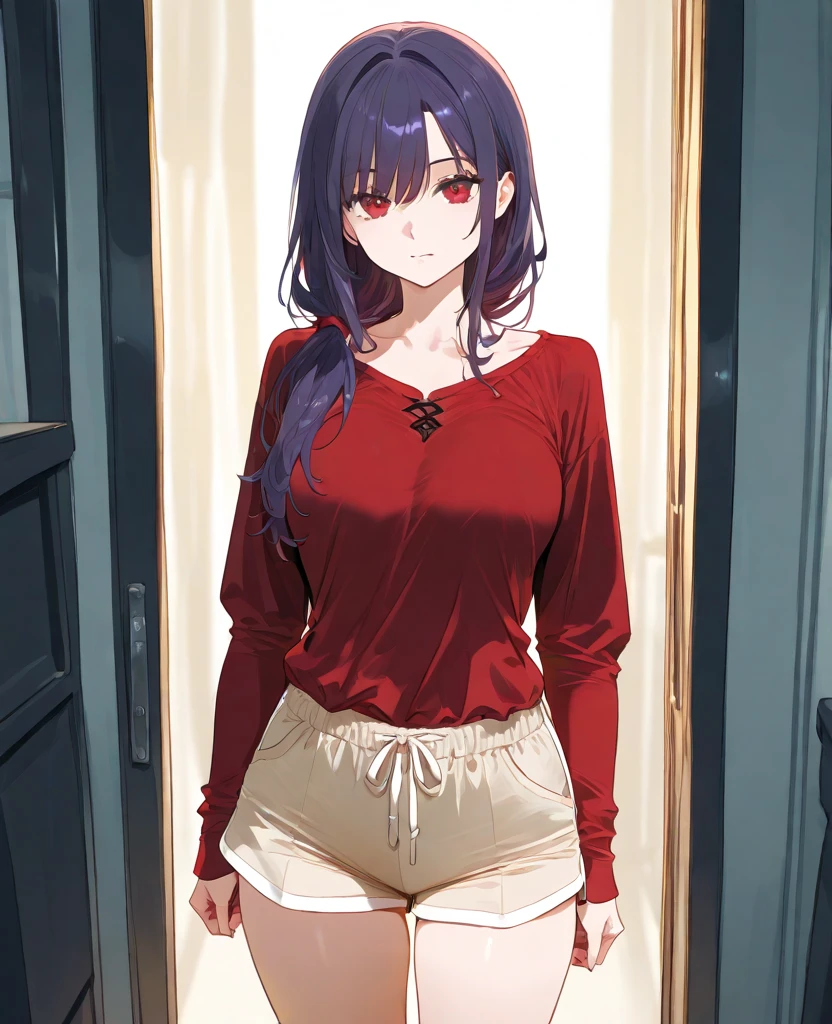 ​masterpiece, top-quality, Hi-Res, HS1,  long-sleeve, off shoulders, Red Sweater, Black Choker, is standing,NSFW,Expose your hips,red blush,hallway,Blue hair,bare-legged