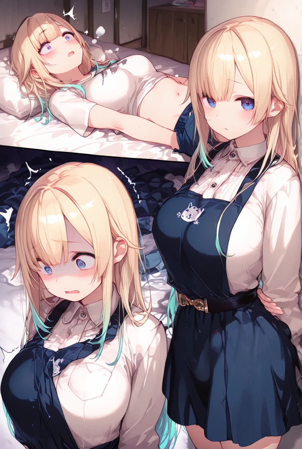 (adult woman: 1.2), (beautiful mature woman: 1.2), very detailed, beautiful, professionally drawn, bright sky, shiny detailed breasts, (erect nipples: 1.1), (perfect beautiful skin), (2girls:1.4), (height difference: 1.4), (size difference: 1.1), (yuri:1.2), (girls bedroom: 1.1) (two girls where one of the girls is much bigger than the other girl: 1.1), they love each other, big breasts, bra, cowboy shot, they are looking at another, looking in each others eyes, staring at each other, (nipples:1.1), (the girl hugging a breast), (happy:1.2), (excited girl: 1.2)