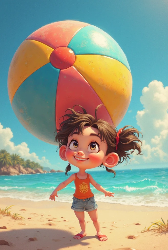Uma menina chibi estilo baby, tema praia, cabelos longos, ter cabelos multicolor, sorrir, olhos devem ser grandes e expressivos, with long eyelashes and rosy cheeks, pele negra, beautiful rainbow bathing suit , Beach Accessories. 8K resolution and be complete in the image, mostrando o (corpo inteiro, incluindo as pernas: 1.5). Fundo tema praia. Certifique-se de adicionar sombras, texturas e detalhes nos cabelos, roupas, Beach utensils, to make them even more adorable and charming
