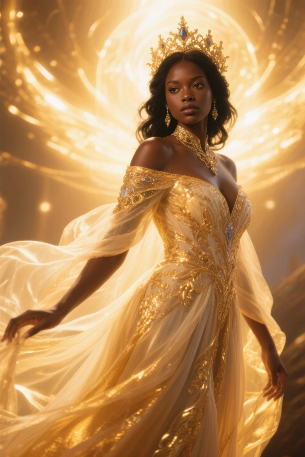 (The setting is black and gold). Her dress has a beautiful pulsating and sparkling golden pattern and rainbow colors that gives her an extraordinary appearance. a spiral halo of energy hovers in the cosmic background, giving the image an otherworldly appearance, ((a current of energy rotates as if cutting through the air), golden and iridescent butterflies fly around the ((beautiful woman)), (((ultra -intricate detailed illustration of a stunning woman, a ghostly creature,))) (transparent floral fabric of her robes floating around the main character) (unusual chromatic contrast) UHD, HDR, 8K.