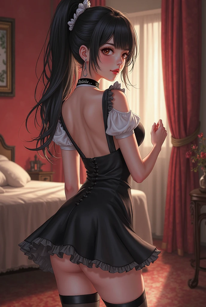 A beautiful girl in a black dress leaning forward on a wooden platform, she is lifting something, turns to look back, looks back at the viewer, anime girl, rose garden, beautiful and sunny day, black lolita dress with lots of ruffles, floral print dress, short sleeve, lolita choker, low-cut chest, big round breasts, white lace thigh-high stockings, white lace panties, (shows her panties: 1.4), thin lingerie, black lolita shoes, dark brown hair, gradient bangs, french braid, long hair, ponytail, wavy hair, swept bangs, shiny hair, hairclip, hair ribbon, hair flower, jewelry, lolita hairband, aqua eyes, glowing eyes, pupils sparkling, earrings, light smile, blush, happy, red lips, slim waist, shapely legs, beautiful thighs, cute round buttocks, exposed ass, princess dress, short skirt, skirt lift, upskirt, high detail, anime, dithering, image fill, from behind, from below, perspective, Wide-Angle, f/1.8, 85mm, Sony FE GM, 8k, 8k wallpaper, super detail, highly detailed CG, UHD, retina, masterpiece, accurate, anatomically correct, textured skin, highres, best quality:1.3, 16k