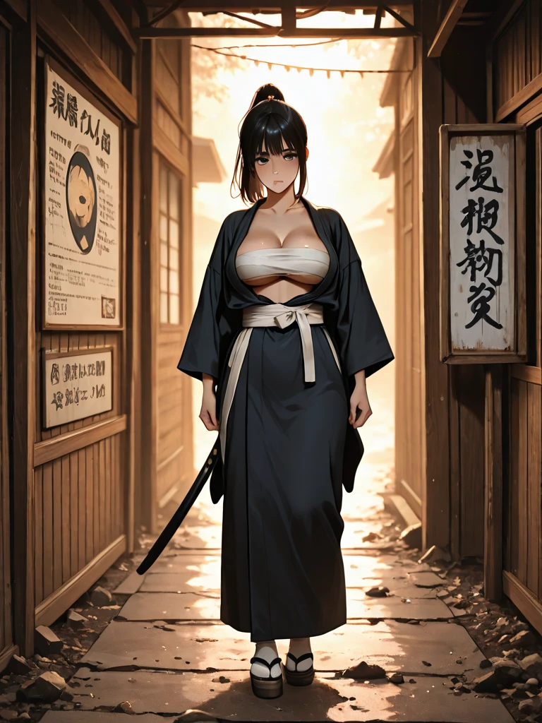 (masterpiece, photorealistic:1.37, award winning, best detail), 1girl, young, asian, kunoichi, assorted potions in a belt, focused and prepared, huge breasts, huge sagging, beautiful face, walking towards the viewer, intrincate details, volumetric fog, dense fog, noon, feudal Japan, petals falling from the sky, ((bamboo forest)), fantasy, outdoors. ((film grain)), cinematic angle, (high contrast:1.2), (vivid colors:1.2), (HDR:1.2)
