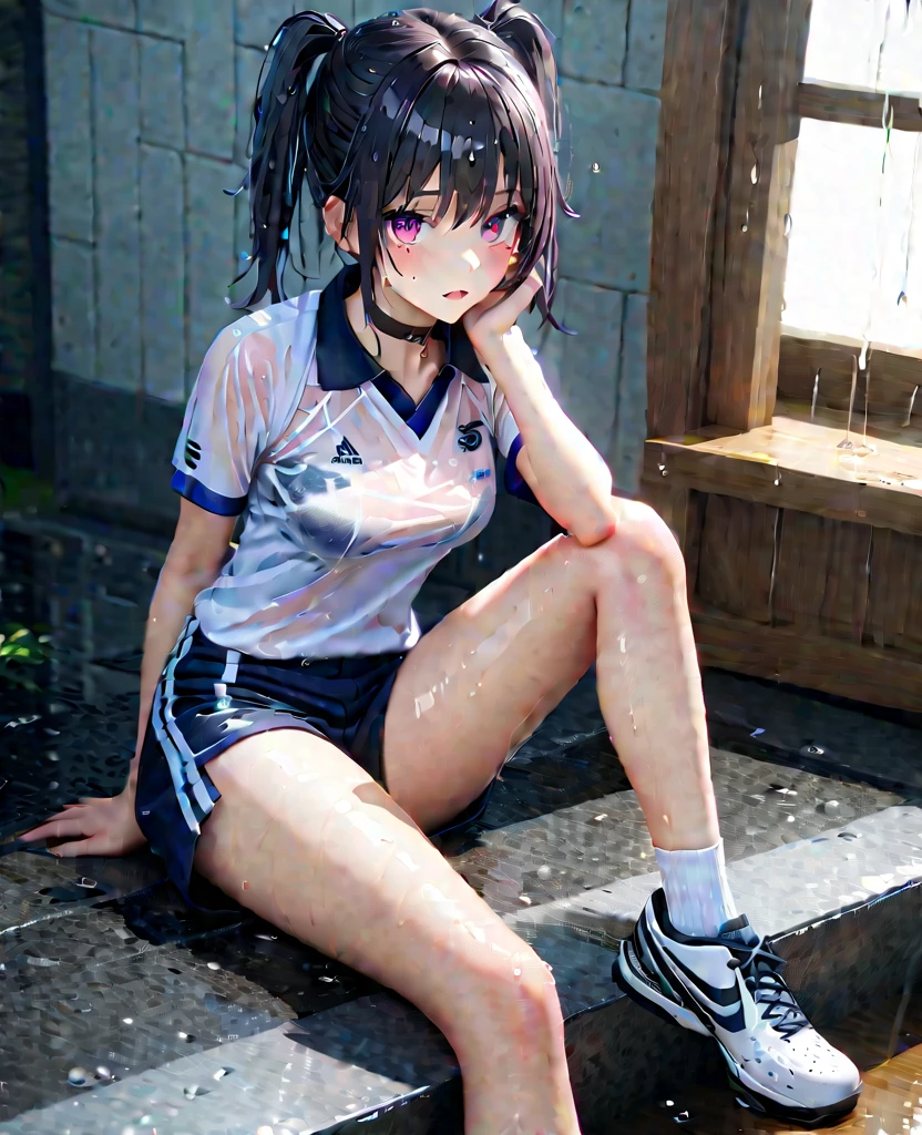 masterpiece, best quality, highly detailed, high resolution, expensive resolution, high resolution, 4k, 8k, Unity 8k wallpaper, highly detailed CG, masterpiece, 2d, 3d, beautiful details, depth, fine texture, best quality: 1.3, perfect focus, clear skin, him, rain, wet, wet clothes: 1.2 very cute anime girl, (knee support), (bra visible through volleyball uniform, wet from pouring rain, knee pads, volleyball shoes), big breasts, expensive hair in twin tails, one girl, rain, (raindrops dripping from wet hair, bra visible through thin volleyball uniform wet from rain, knee pads, support, volleyball shoes, full body), mole under eye, looking at the viewer, expensive