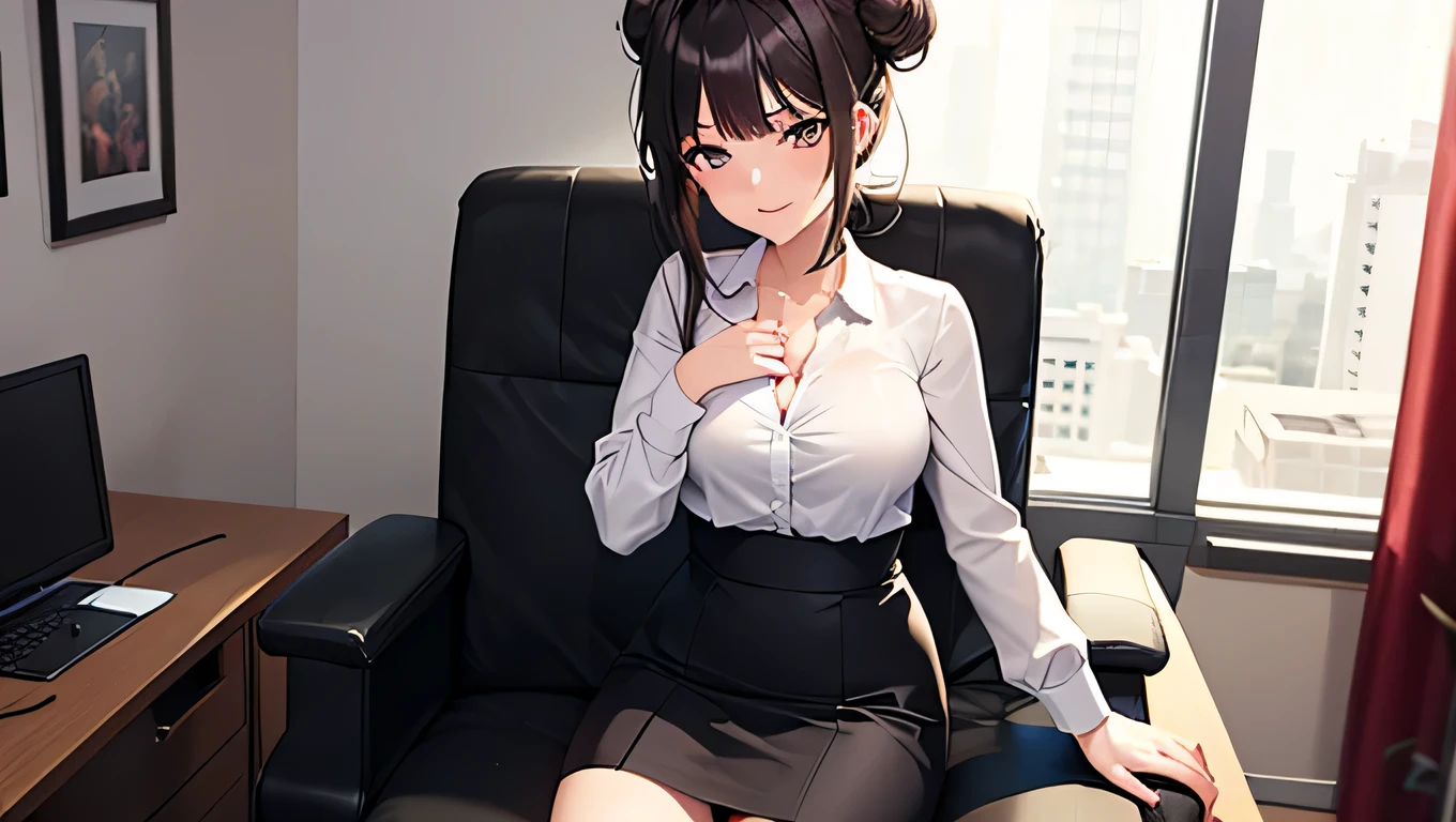 (1) A woman sits alone in an office chair, her skirt is short、Red panties are almost visible. her legs are closed, But you can see her pants through the gap between her skirt and thighs..
(2) woman is wearing a black blazer, Inner: black tight skirt and white V-neck T-shirt.
(3) that woman has long black hair.
(4) She is 28 years old, mature, and smiling.
(5) The location is the office.