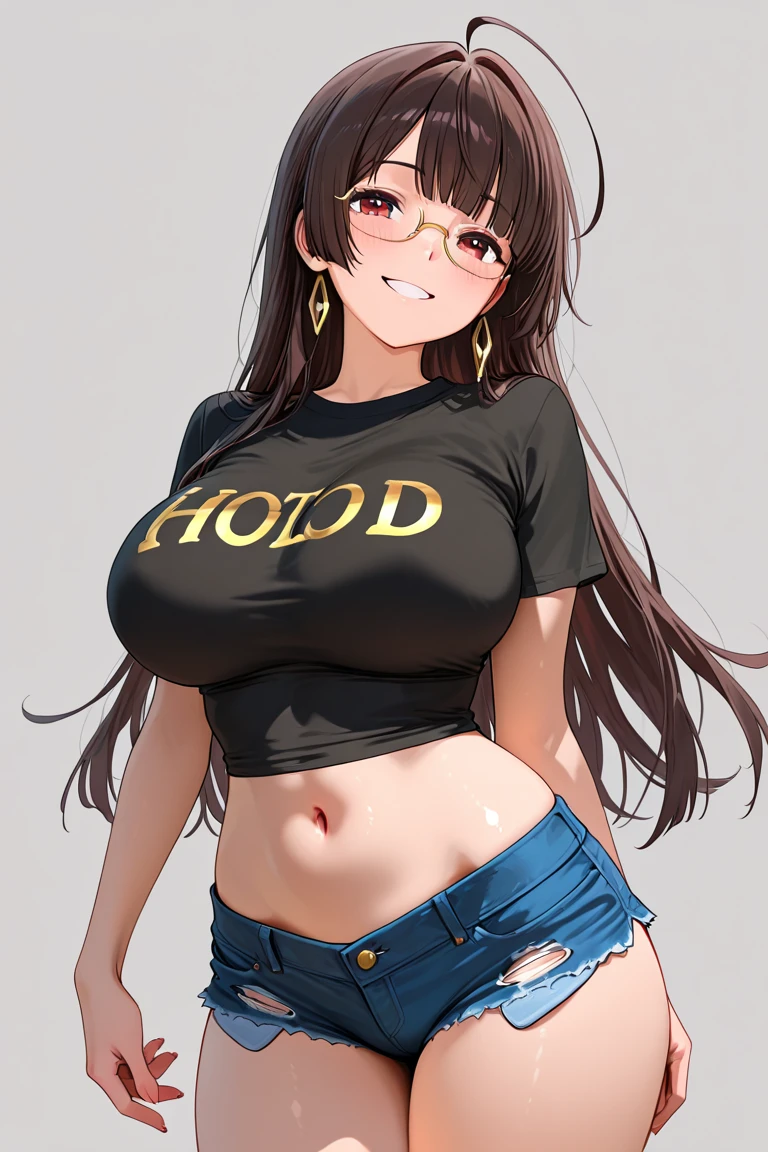1girl, large breasts, clothes in mouth, neckline, navel, t-shirt, ((bra)), clothes lift
