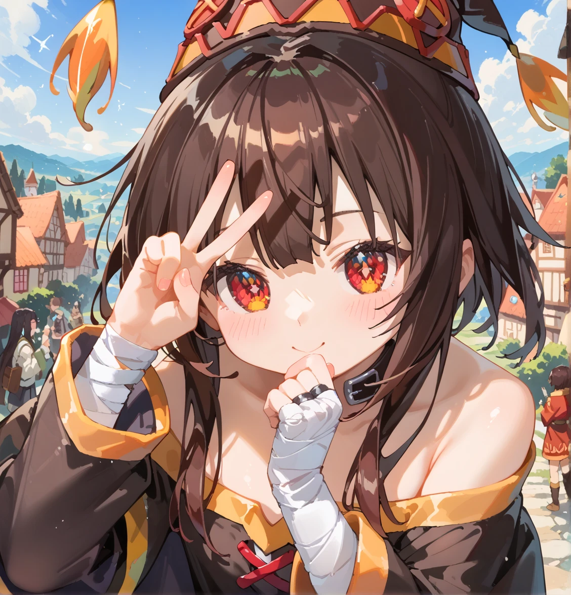 (masterpiece, best quality), 1girl,  Bronzy Brown Tousled Pixie Cut with Headband, Sizes I to L breasts,   <lora:girllikepetdragon:1> pet dragon, esting on girl's head, breathing fire, black collar, red complex pattern cut-out warrior costume, sleeves