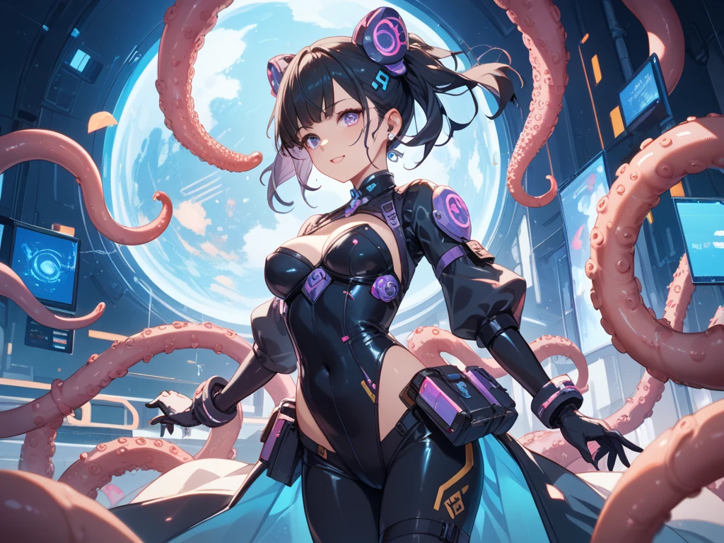 ((Sci-fi black plug suit with realistic neon lightetal mechanical parts、Robot tentacles with neon lights)),, skinny, solo, 1 woman, Masterpiece, highest quality, highest quality, 16K, incredibly absurd, highly detailed, 2.5D, ai-generated, delicate and dynamic, very delicate facial expressions, delicate eye depiction, erotic, only sexy woman, ((A cute and kind face)), healthy figure, ((25-year-old woman)), 160cm tall, medium firm swaying bust, black eye, blush, Sweat,Embarrassed,sexy, ((thin thighs)), shiny and lustrous, Dynamic poses, sexy poses, (A bright sci-fi background, set in a futuristic city),