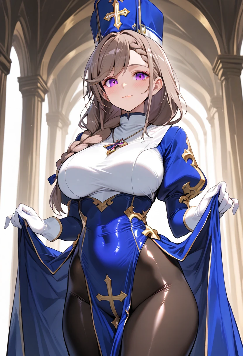 olga discordia, light brown hair, colored skin, brown skin, hair stick, bangs, blue eyes, solo, smiling, standing, upper body, hips, bare shoulders,purple thighhighs,violet dress, gold jewelry,armor,gloves,circlet, cleavage, red and gold royal castle, gigantic breasts, (best quality, masterpiece, beautiful and aesthetic:1.2, highest detailed face, perfect face,) eyes, perfect face,expressive eyes,
looking at viewer, in the center of the image,(Upper_body),(Focus on her face),
official art,extremely detailed CG unity 8k wallpaper, perfect lighting,Colorful,
(masterpiece:1.0),(best_quality:1.0), ultra high res,4K,ultra-detailed