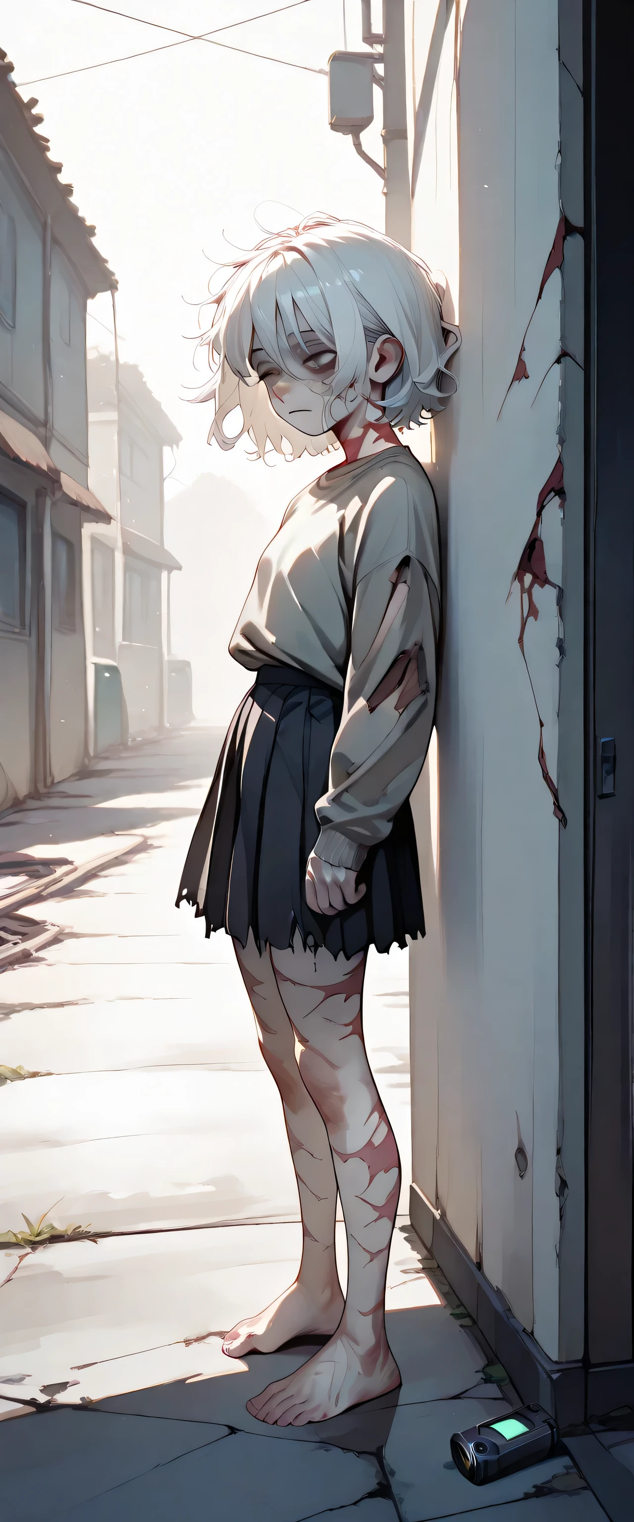 Appearance and personal details: , long white hair to the waist, milky white blind eyes without irises and pupils, gray bags under the eyes due to exhaustion, small stature,  very thin body , pale skin.  Clothes: grey sweatshirt with torn left sleeves covered in large blood spots, torn pleated black skirt,  bare feet. Features: bloody red spots on clothes, the whole body is scarred, there are many scars on his face , many burns on the face in the form of brands and text, legs with burns and scars, ruffled hair, dirty and greasy hair. Outside: girl should sit against the wall, side view, face turned to camera, white blind eyes looking at the camera, mouth slightly open, The face is sad, a small tear coming out of the left eye. Scene: dirty alley, morning, realistic lighting, fog, puddles, garbage. Camera and optics settings: diaphragm 1.4, 32mm lens, iso 400, 200ms shutter speed, artificial cold contour lighting.  necessarily : lots of details, high quality hair, high eye quality, high quality torn clothes, GIRL MUST SIT ON THE GROUND. HAIR MUST BE LONG AND DIRTY