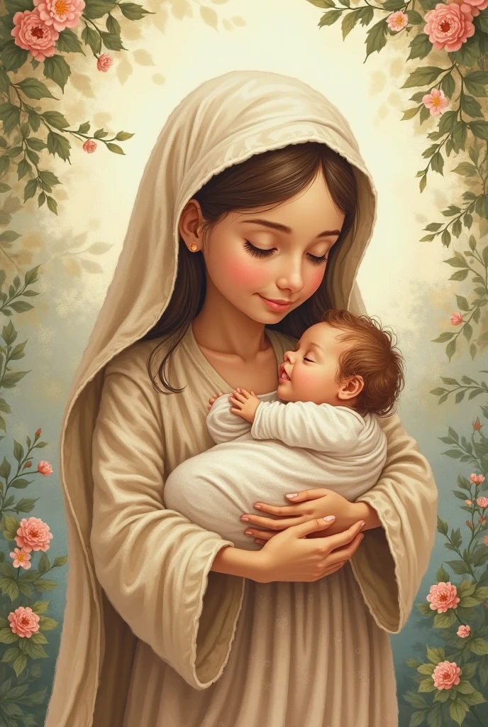 create a cartoon style image of the virgin mary holding baby jesus, for a picture painting , with its blue-toned veil and pink background, and some flowers