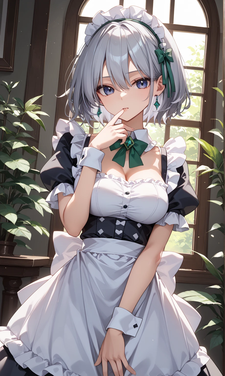 masterpiece, best quality, highres, 1girl, solo, sakuya1, maid, apon, greyt hair, medium breasts, knife