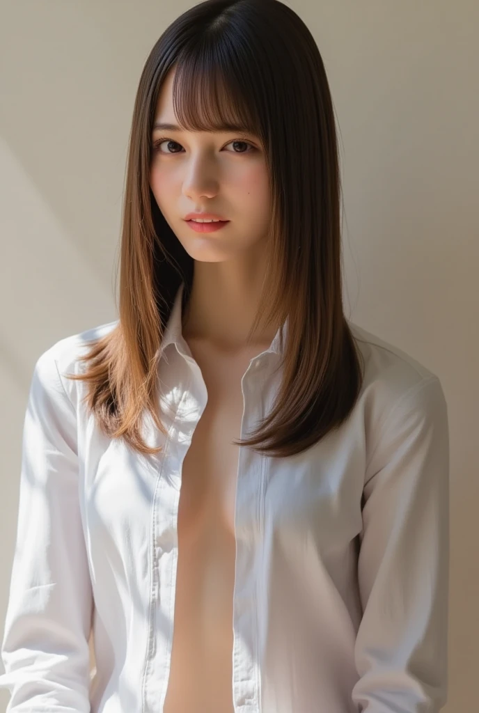 masterpiece, Highest quality, High resolution, Full body image, Natural Rouge, Natural eyeshadow, Beautiful fingers, Beautiful and well-groomed eyes, Natural black eyes, A sensual Japanese woman is sitting on a 30cm high office sofa, sexual expression, Her white panties are visible between her very thin legs:1.3, ((Very thin legs, Very thin thighs):1.2), Wavy Long Hair, A Japanese woman with a sensual face, (((Wearing a white office suit and a white mini skirt:1.3, Wear a white collared shirt):1.3), ((The shirt buttons are closed, No bra is worn):1.4)), Wearing stiletto heels:1.3