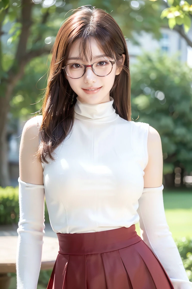 (Highest quality、Tabletop、8K、Best image quality、Award-winning works)、One beautiful woman、Age 25、(alone:1.1)、Perfect beautiful composition、(Big and ample breasts:1.1)、(Voluptuous body:1.1)、(Face close-up:1.1)、(Accentuate your body lines:1.1)、(Perfect white turtleneck sleeveless knit sweater:1.2)、(Bare arms:1.1)、(Elegant and perfect glasses:1.2)、(Elegant red melton skirt:1.2)、Look at me and smile、(Accurate city park background with strong blur:1.1)、Standing Elegantly、Droopy eyes、Natural Makeup、Ultra-high definition beauty face、Ultra HD Hair、Ultra high resolution glowing eyes、Super high quality glossy lip、Accurate ???????、(very bright and vivid:1.1)