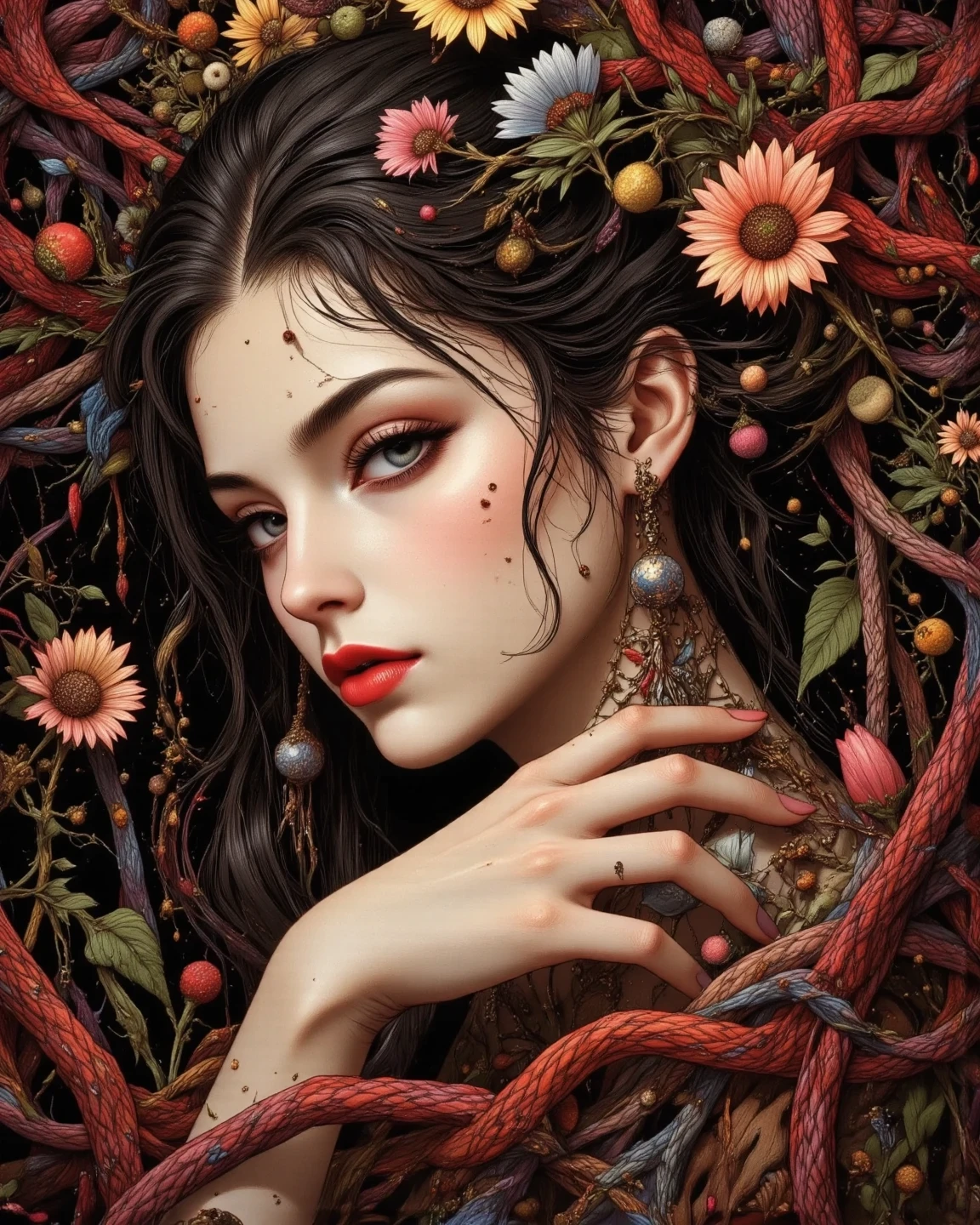 A beautiful naked woman,  a snake looking at her. dark and mysterious atmosphere in a garden, the shadows cover the woman&#39;s parts, snake with only one head, woman&#39;s long black hair. she holds a very different red fruit in her hand

 