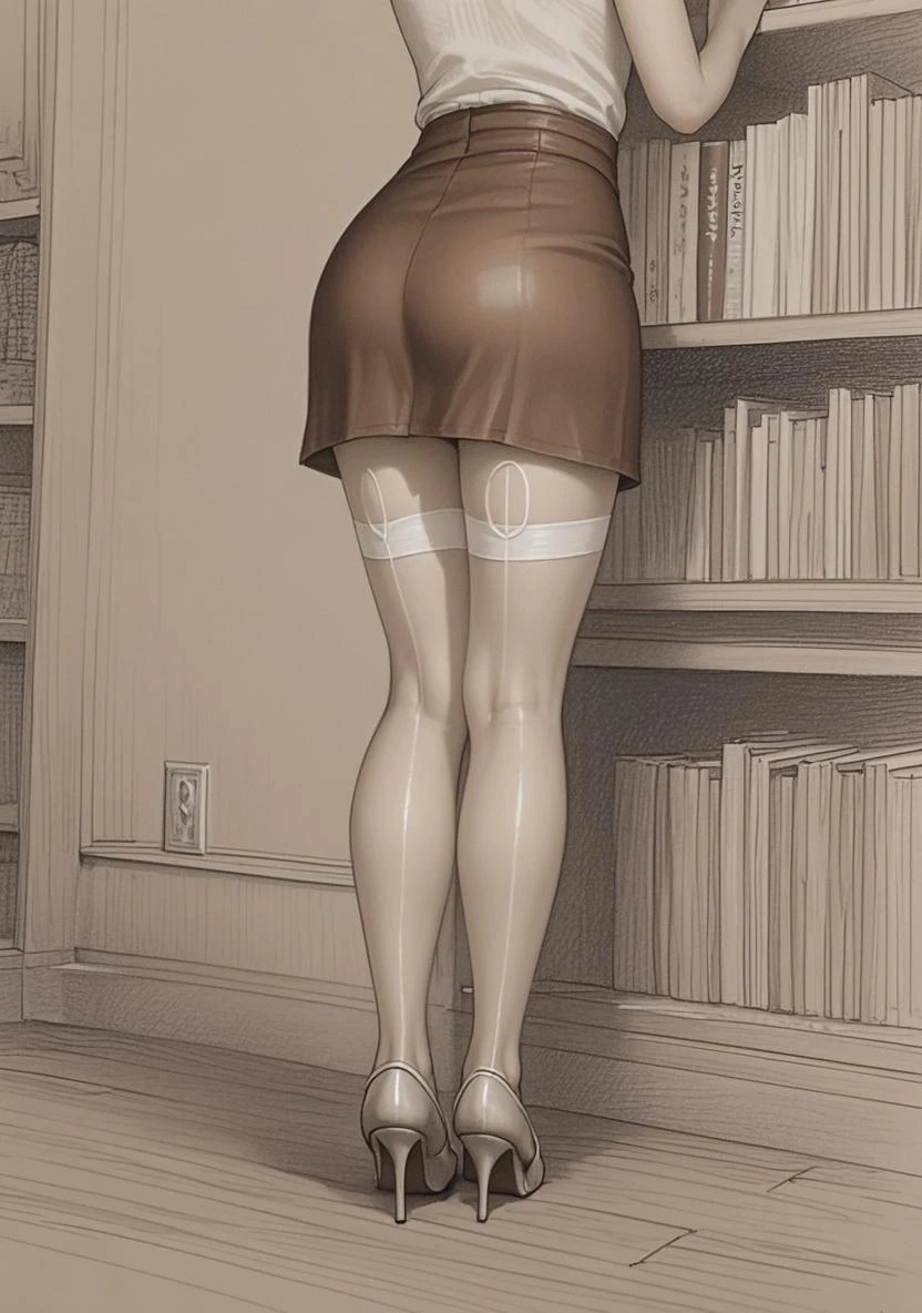 Tall woman, picking up object from the floor (toy duck), big legs, pussy,ass Vision,Standing, inclined,Short black and white striped dress, sloping torso,anal plug 