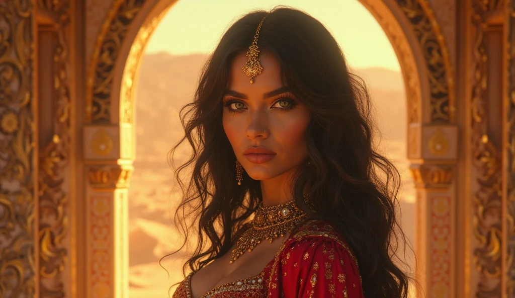 fking_scifi, fking_scifi_v2, portrait of a young, seductive, extremely beautiful and attractive Arabic woman, in front of a city in the desert, long messy hair, rich colorful clothes and golden jewelry, close up, regal pose and attitude. fking_cinema_v2.