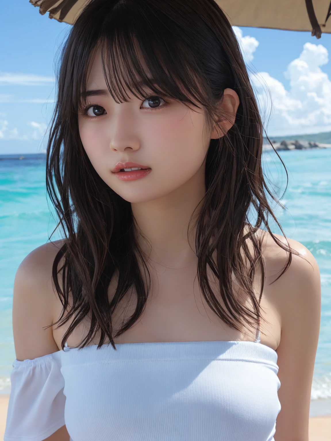 Highest quality, (beautiful)、Micro Bikini、Close-up、Larger breasts、Brown Hair、looking at the camera、Shoot from the side、Beach、Embarrassed、Sleeping on your stomach