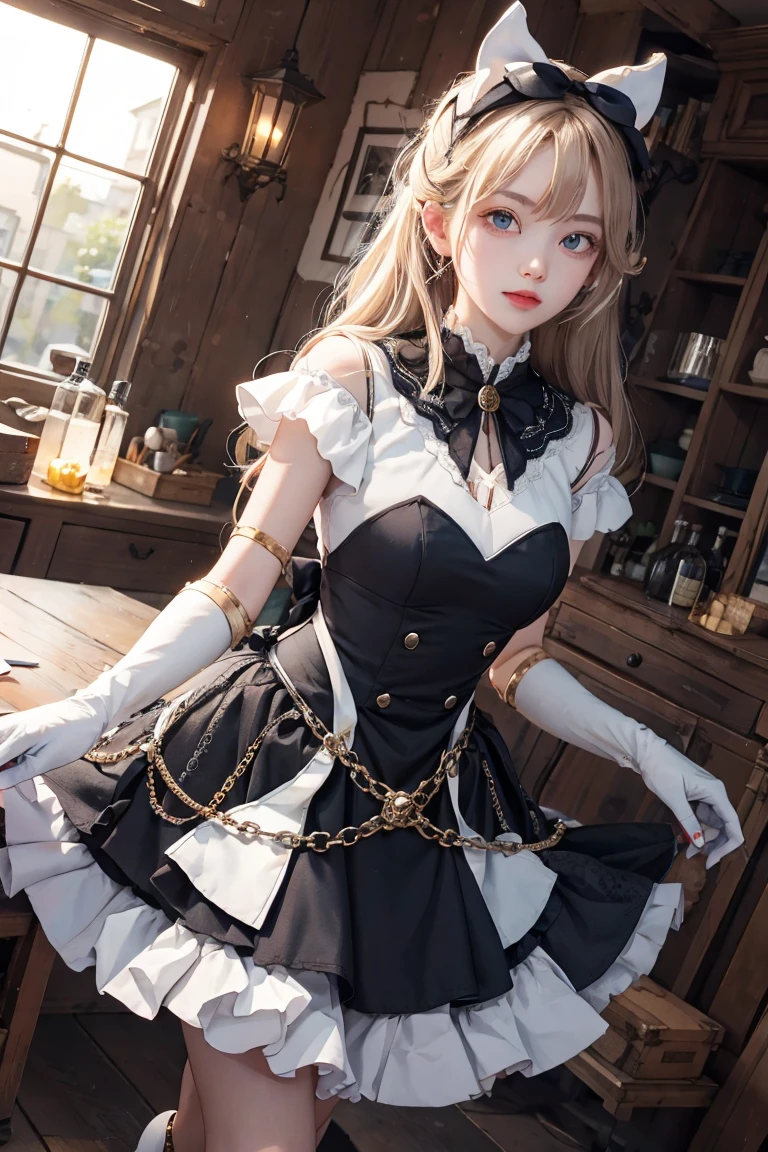 majicMIX Real, (Raw photo: 1.2), (Photorealistic: 1.4), beautiful detailed eyes, smile, twin tails, show off , huge file size, super detail, high resolution, very detailed, highest quality, masterpiece, illustration, highly detailed, CG, unification, 8k wallpaper, masterpiece, highest quality, light on face, movie lighting, 16 yearclothes lift, dress, dress lift, garter straps, black and white maid clothes, maid headdress, neck ribbon, CEO, (maid clothes: 1.2), maid cloth, mini swirl skirt, maid bandana, black stockings, pink pants, blonde hair