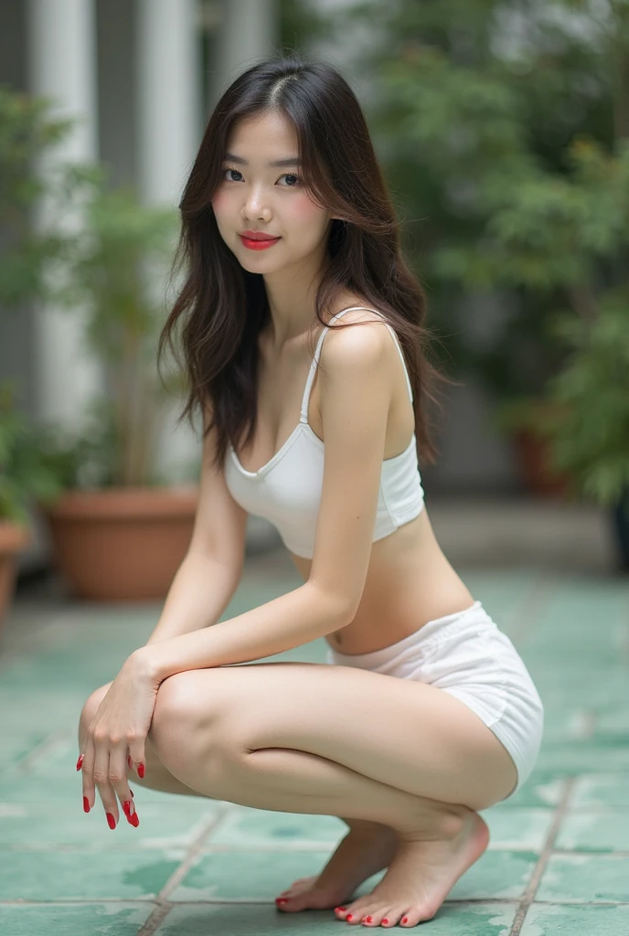 8K分辨率,hyper HD,Realistic skin texture,Realistic light and shadow,Real hair,Beautuful Women,Tall figure,Holy,Pure,Royal Sister,look straight at the camera,beachside,Warmth,Homely atmosphere,Raised sexy,sensuality,information,Gentle acceptance,Real eyes,There are God's eyes,White skin,Slender fingers,An expression of happiness,Lovely appearance,Real water,summer day,High ponytail,Expose your palms,grin,Long legs,show legs,Bare the soles of the feet