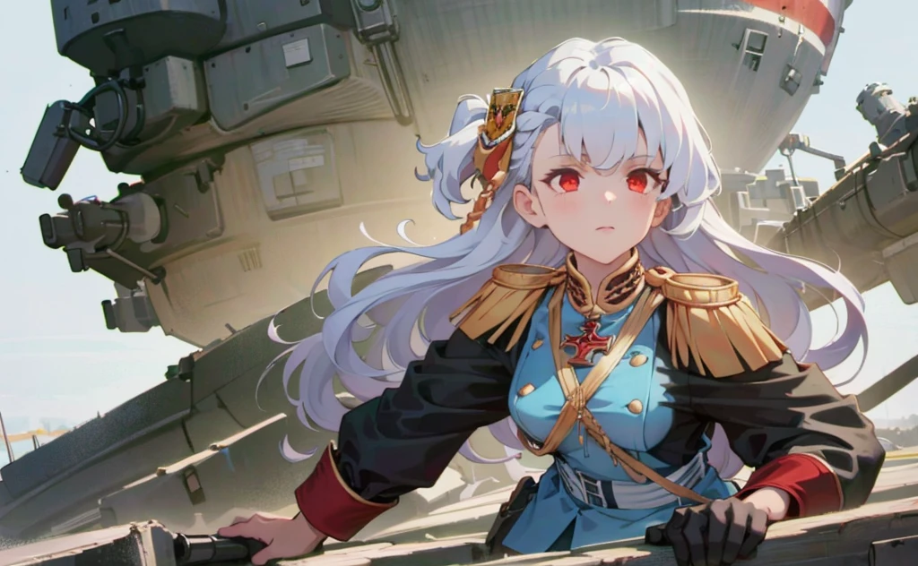 1girl, alpha1918, military clothes, medals, white hair, curls, (tank at background), at full size, boots, armored vehicle, military vehicle, winter forest, snow, snowfall