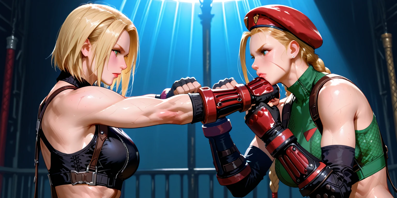 A captivating 3D render of a cyberpunk anime wallpaper featuring a fierce sword battle between two stunningly beautiful 18-year-old girls. The blonde girl, exuding brilliance, wears a white doctor's coat and expertly wields her gleaming sword. She is locked in combat with the black-haired, black-eyed girl, who embodies madness, showcasing her alluring gaze and sultry smile. Their translucent, skin-tight outfits cling to their bodies, emphasizing their fluid movements and highlighting beads of sweat. The background is awash in a mesmerizing color palette of red and purple, enveloping the viewer in the electrifying ambiance of this intense duel.