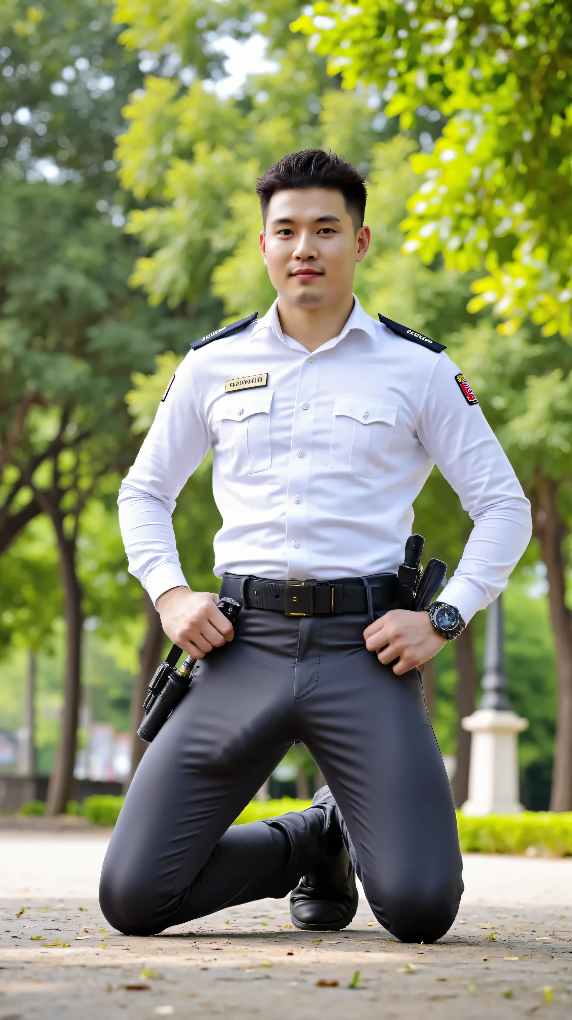 A handsome Thai security guard (only Thai face) kneeling on one knee in a suggestive pose in a park. He is in his early 30s, tall and slightly muscular with a fit and athletic build. He wears a tight-fitting long-sleeve white security uniform shirt with shoulder patches and a visible name tag, tucked into dark grey or navy blue slacks made of smooth, well-fitted fabric. The trousers hug his body snugly, and the bulge area is prominently and naturally shaped, showing the defined outline of both testicles connecting into the base of a semi-erect penis, forming a curved bulge pressing clearly against the fabric. His hips are slightly thrust forward in a provocative posture, accentuating the bulge as he kneels, creating a seductive visual. Around his waist is a thick black nylon tactical duty belt with a solid quick-release plastic buckle, equipped with a walkie-talkie, a black baton, and a flashlight holstered at his sides. He wears glossy black combat boots. His facial expression is confident and intense. Full-body view, kneeling pose, under bright natural daylight in a park setting. Photorealistic, detailed uniform and accessories, clear fabric tension and lighting.