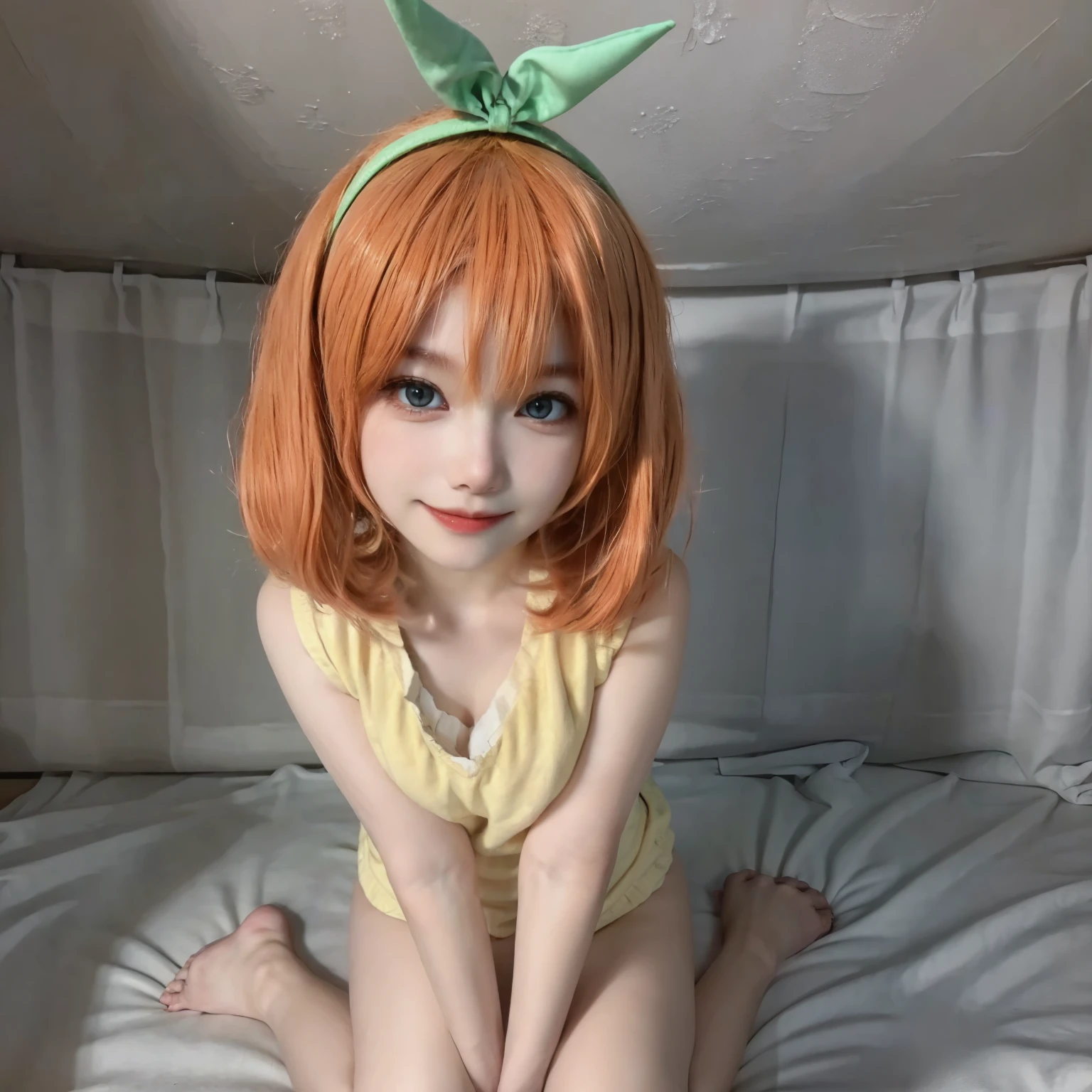 ((masterpiece)), ((best quality)), (ultra-detailed), on the bed, a cute girl, 1girl, solo, underwear00, ((beautiful eyes)), beautiful orange hair, smile,
