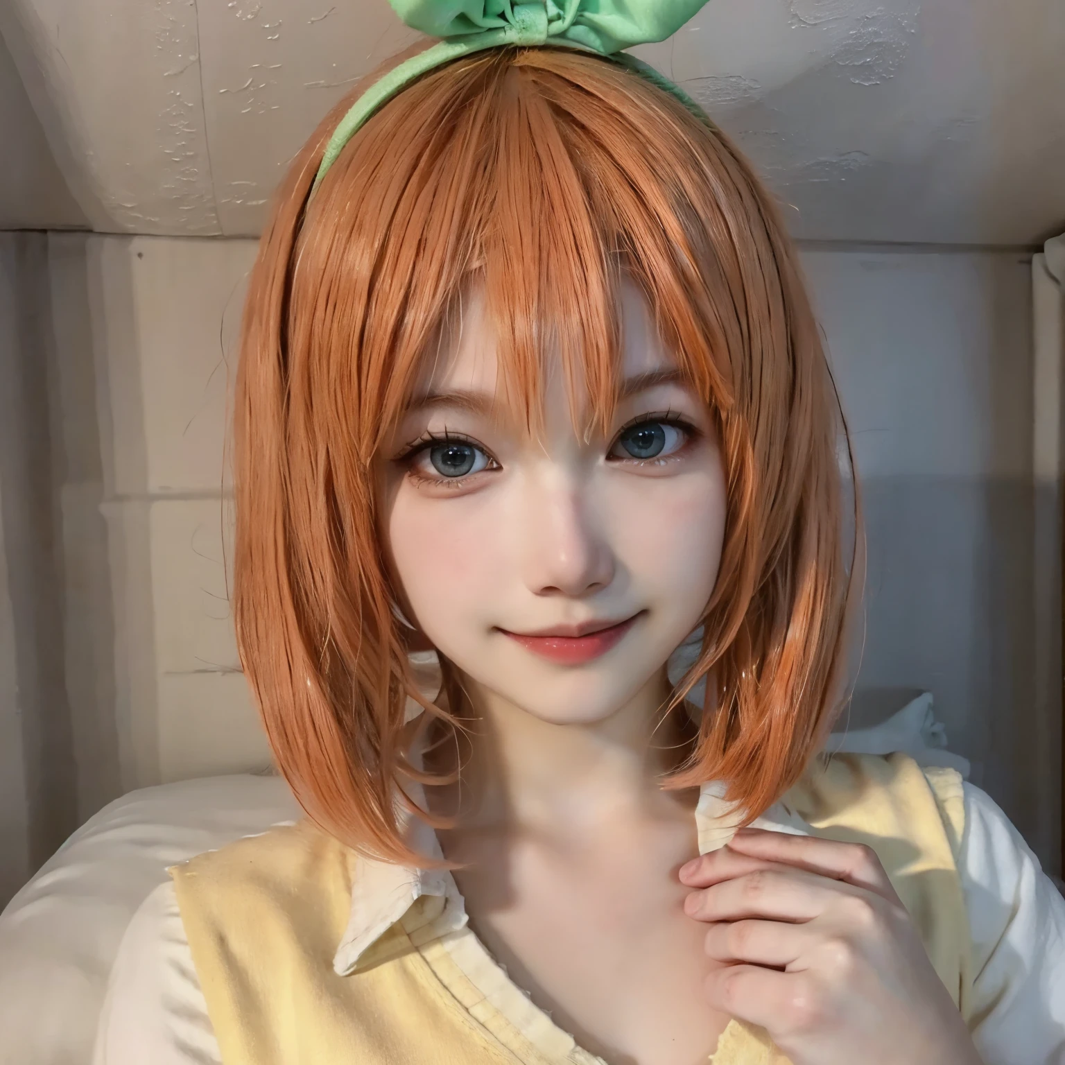 ((masterpiece)), ((best quality)), (ultra-detailed), on the bed, a cute girl, 1girl, solo, underwear00, ((beautiful eyes)), beautiful orange hair, smile,