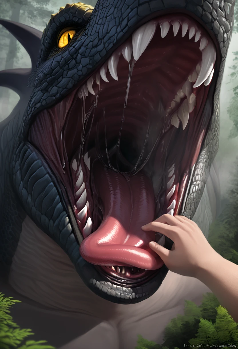 Dragon.Wild.Sharp teeth.Huge body.Approached.黒いmouth.Lots of saliva.Mucus.Slimy Throat.Open throat.scales.A slimy tongue licks me. mouth.Physical Difference.naked.Human first person perspective.one hand.Get on your tongue.Throat close-up.Swallowed Whole.prey.nature.Realistic.Real.sense of distance.詳細なmouth内.(Attention to detail.masterpiece.Highest quality.)