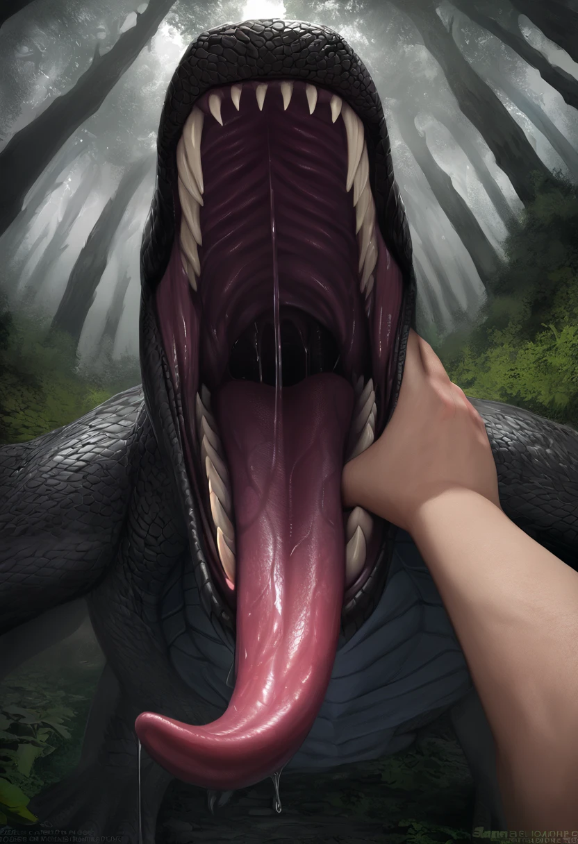 Human first person perspective.Can be lifted by hand.Giant Dragon.Closing Arms.Wild.Sharp teeth.Huge body.Approached.Black mouth.Slimy Throat.Bright throat.scales. A slimy tongue licks me. Open Mouth.Get on your tongue.Physical Difference.naked.Stretch out one hand.A big tongue wraps around my arm.Dripping saliva.Evil yellow eyes staring.The mouth comes closer.Swallowed Whole.prey.Hot breath.差し迫ったSwallowed Whole.drool dripping. Shadows Spread.Hot breath.fog.A terrifying growl. Enveloped in darkness.Touching the tongue.Uplifting.forest.nature.Realistic.sense of distance.Detailed mouth.(masterpiece.Highest quality.)