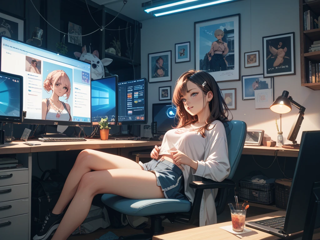 anime girl sitting in a chair fallen asleep in front of a computer, window on her side, wearing tank top, short pants, lofi girl, lofi art, soft anime illustration, relaxing concept art, nostalgic melancholic artwork, lofi artstyle, artwork in the style of guweiz, relaxing environment, lo-fi art, serene illustration, anime aesthetic, lofi feel, digital anime illustration, night time