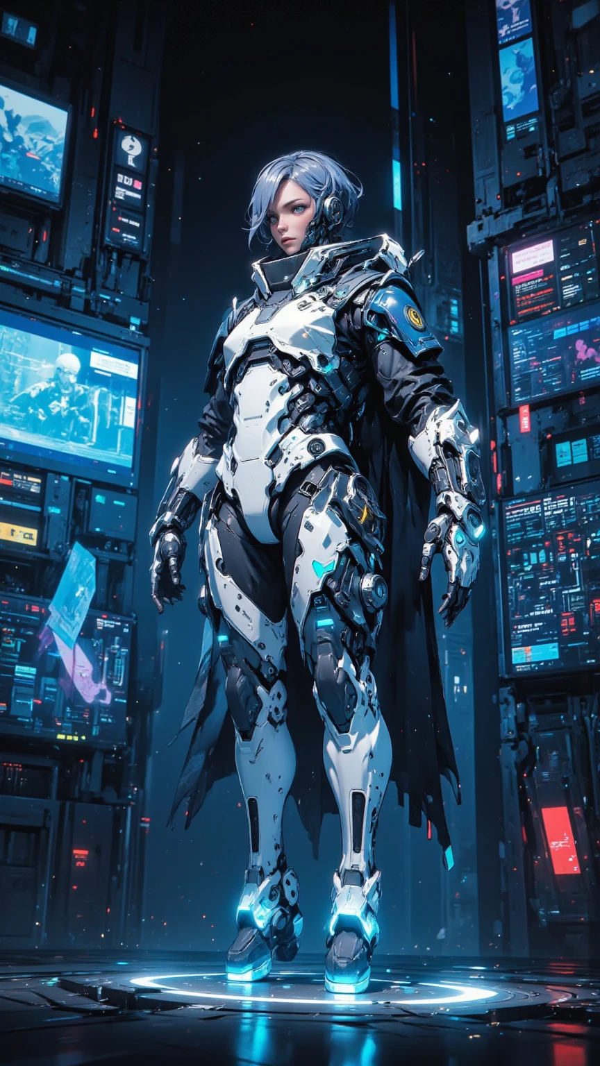 The character in question is represented by a look that mixes mystery and sophistication., standing out for his formal attire and wide-brimmed hat. Furthermore, its futuristic and technological aura is highlighted by bright blue details, giving it a unique and enigmatic atmosphere that will be explored throughout this study.