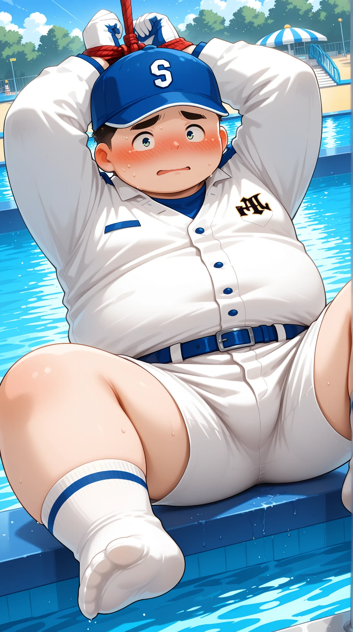 (androgynous), (boyish), chubby, (very short hair), (pudgy face), (thick), overweight, beefy, (cute), (little brat), (naughty brat), (belly button), Chubby body, Sweaty body, (Smelly body), (moobs), (ikemen), (Obese man like female breasts), (swimsuits), (Sitting), (Soleを見せる), (Sole), (臭そうなSole), (sexly), (nipples)