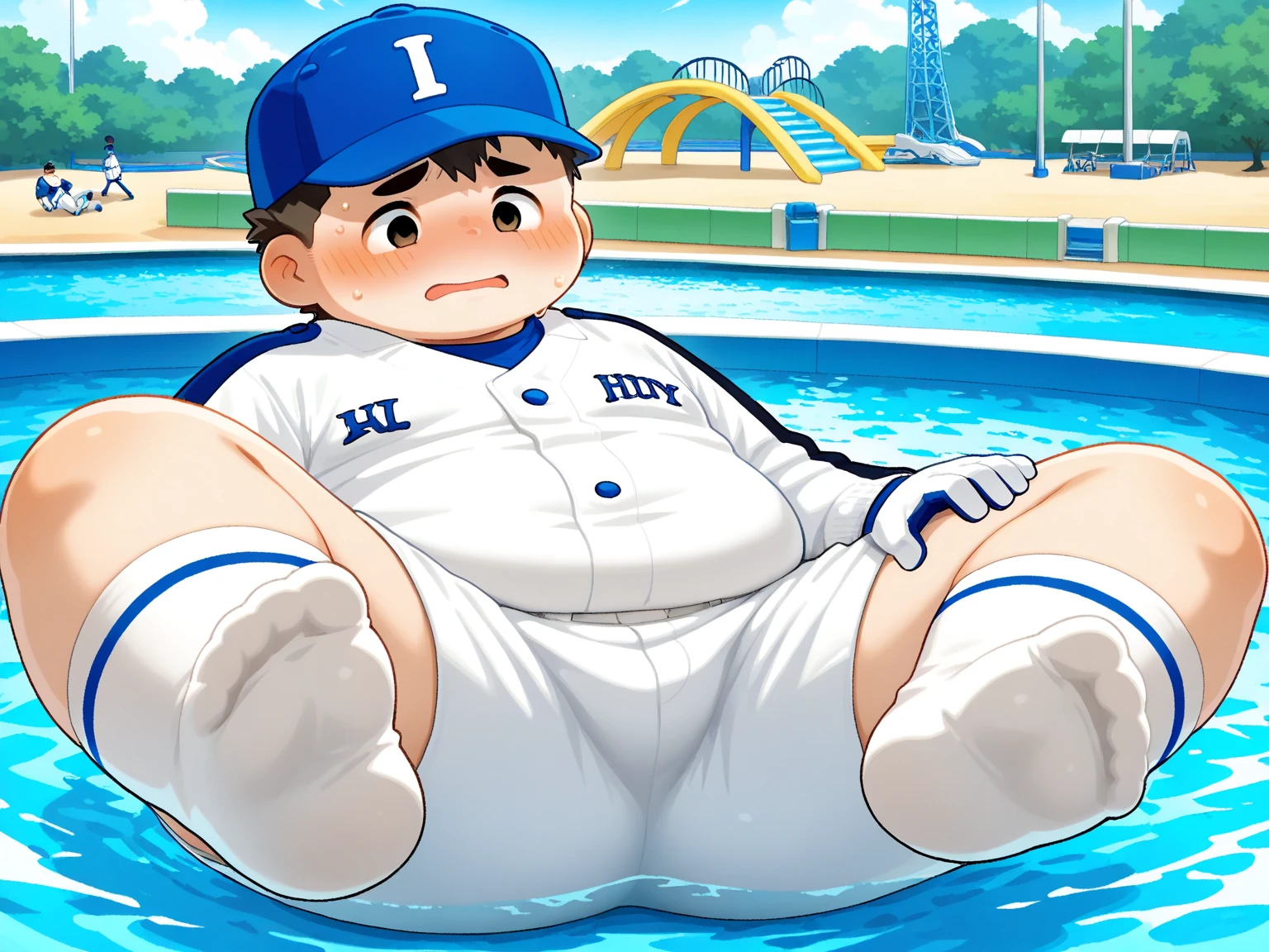 alone,male,chubby,Shirtless, alone, detailed, high resolution,, masterpiece,Excessive obesity,Obesity in the extremities,overweight,junpei,人,bare feet, big penis, peeing, big belly, big boob, naked, smile, bath, closed eyes
