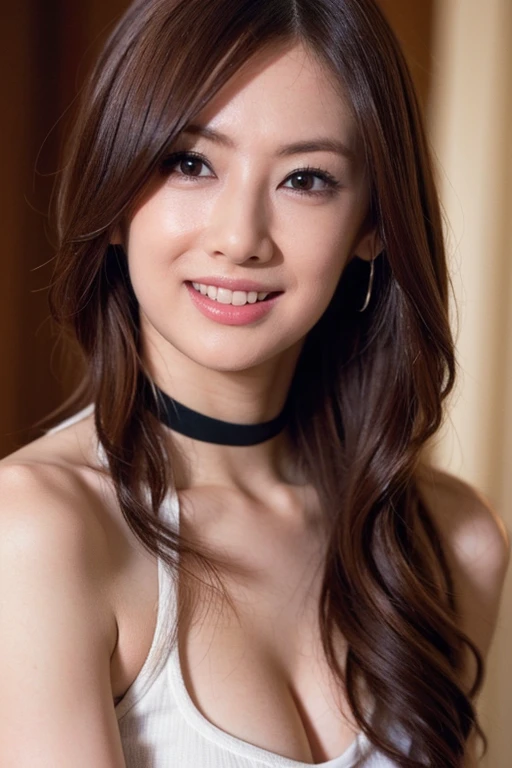 Highly detailed CG Unity 8k wallpaper, top quality, super detailed, masterpiece, realistic, photo realistic, (upper body:1.2), very detailed cute girl, 25 years old, huge breasts:1.2, purple high-neck dress, sleeveless dress, gorgeous, make up:1.5, earings, (forehead, long hair), soft lighting, wind, shiny skin, looking at viewer, smile, closed mouth,