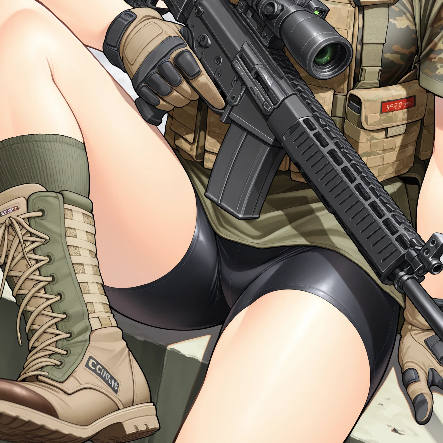 Best quality,masterpiece,ultra high res,(photorealistic:1.4)1girl,white background,solo,blood,arm guards,simple background,male focus,looking at viewer,black eyes,tabi,floating hairfull body,, (gun:1.3), holding gun, dirty blonde,,upper body,cargo shorts,sitting,