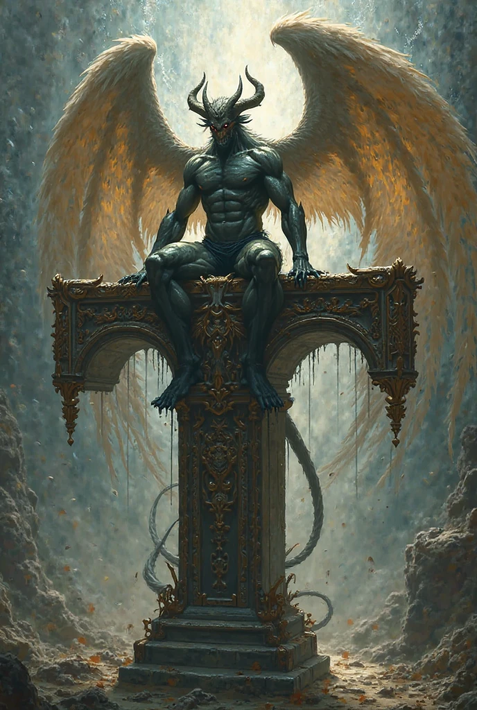 surrealism art, disturbing nightmare, mysterious, Provocative, symbolic, complex, detailed, high qualiy, lovecraftian creature, cosmic horror, gothic horror, monstrous face, mouth with sharp teeth, muscled body, Dragon Wings, tentacles instead of legs, sitting on a throne of human bones, seminu, wearing white toga, Erotic horror.