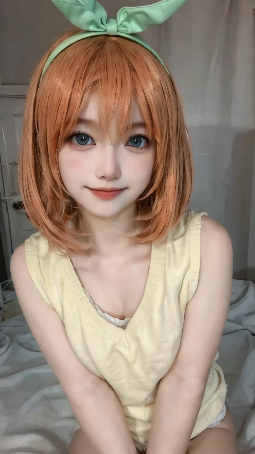 ((masterpiece)), ((best quality)), (ultra-detailed), on the bed, a cute girl, 1girl, solo, underwear00, ((beautiful eyes)), beautiful orange hair, smile,