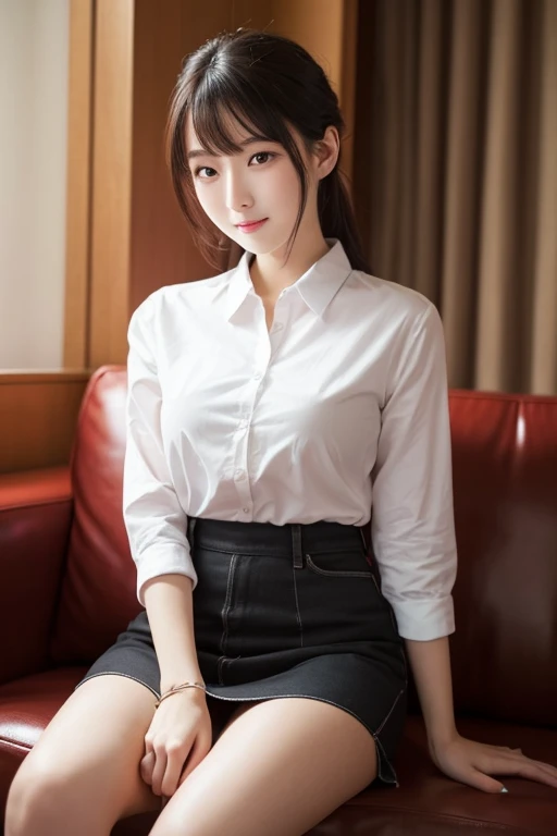 A 24-year-old woman sits on a chair with her legs spread boldly in a luxurious room..,dynamicposes,(((Office Suits、a choker、white shirt、Black miniskirt、Black stockings))), (((White pants、))),(((You can see a little of your pants under the skirt、Cameltoe)))、shoulder-length hair, ssmile, erotic photography lighting shoot, Young Pretty Gravure Idol, Young Gravure Idol, Young Sensual Gravure Idol, Young skinny gravure idol, sophisticated gravure idol, masutepiece, Best Quality, exceptionally detailed RAW color photo, professional-grade photograph, (highly detailedskin:1.2)