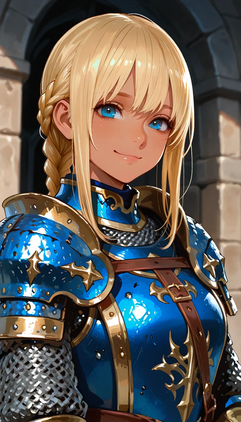 1girl, samus aran, ((highly detailed eyes)), vanillaware-32900, intricate details, round pupils, detailed pupils, modelshoot style, blonde hair, (blue eyes), ponytail, (((portrait))), (((armor))), ((looking at viewer)), smile, short hair, soft lighting, trees, forest, samdoesart, (((medieval town))), ((fantasy)), ((cartoon))