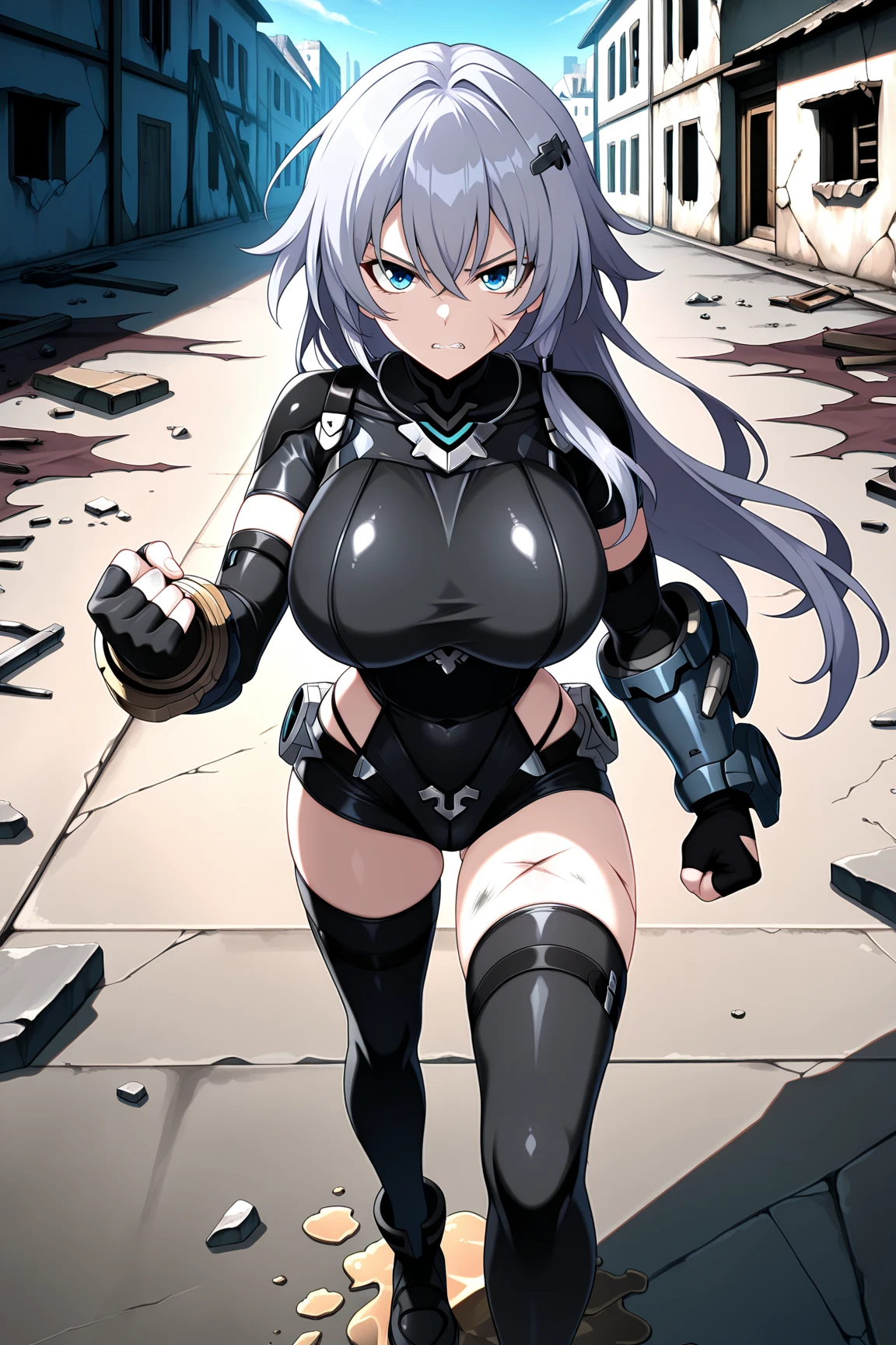 masterpiece, best quality, best quality drawn, (an anime girl in cyberpop jacket), a large number of zombies have appeared and are being attacked, (((While she is fighting zombies))), ((brown skin)), white hair, bob-cut, ((messy hair)), golden eyes(tsurime), long and thick eyelashes, melancholy expression, slender body shape, full-length, (insanely detailed), big breasts(exposed), sexy, tattered clothes, In town, High resolution, beautiful eyes(High resolution), beautiful face(ultra-detailed), key visual, concept art, like biohazard.
