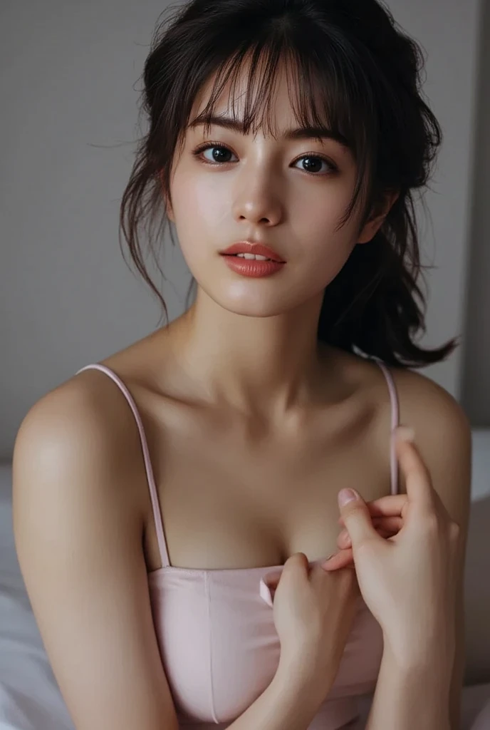 ((of the highest quality, 8K, masutepiece: 1.3, Raw photo)), Sharp Focus: 1.2, (1 AESPA Girl :1.1), Solo, (Realistic, Photorealistic: 1.37), (Face Focus: 1.1), Cute face, hyperdetailed face, short messy hair, (updo: 1.2), Small breasts, flat chest, nude, (Neat silk dress), hotel bedroom, (lying on the bed: 1.3), Cinematic Lighting, Thigh,