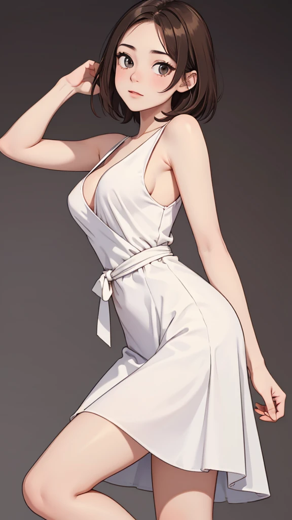 Create an image of a stunning Asian woman, approximately 25 years old, with an air of maturity and confidence. She is wearing only a short, transparent dress that exposes her nudity, which highlights her elegant and attractive forms. Capture your physical beauty with attention to detail in your delicate facial features, flawless skin, and silky black hair. Her expression should convey a mixture of serenity and inner strength, highlighting her maturity and striking presence. High quality and high definition image, 4K, 8K