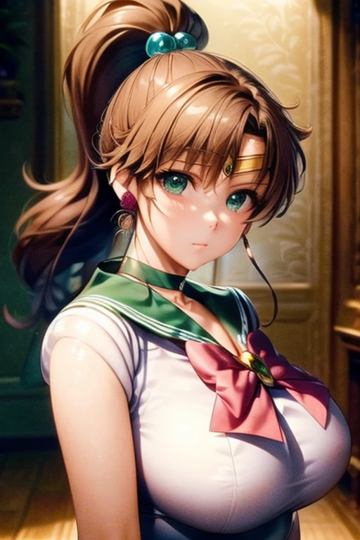 (masterpiece:1.2), best quality, high resolution, unity 8k wallpaper, (illustration:0.8), (beautiful detailed face:1.2, beautiful detailed eyes:1.2), perfect lighting, extremely detailed CG, (perfect hands, perfect anatomy),
Cute, beautiful, charming lady, shiny hair, lustrous skin, beautiful light big eyes,
big breasts, milf, married woman, soft With a gentle appearance and a gentle mother-like atmosphere,
A priestess, a beautiful and innocent priestess, wearing a priestess dress, pure white and divine priestess clothes,
jupiter_a, tiara, sailor senshi uniform, green skirt, green sailor collar, pink bow, knee boots, green choker, white elbow gloves, jewelry, earrings,
