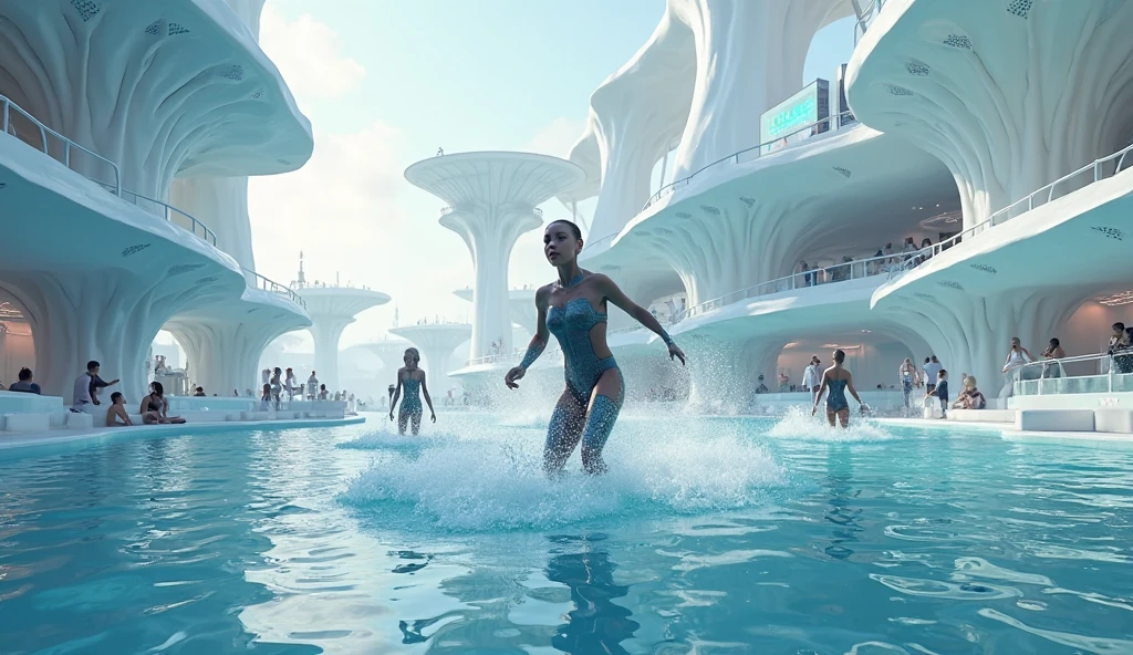 Three women in swimsuits standing in water with their heads turned, Futuristic Avatar, Stand in a puddle, Coming out of the water, Corpses in the water, humanoid woman, Complex Cybernetic Creatures, Beauty contest rendering, 3D Charactersレンダリング, 3D Characters, Expressed in 3D rendering, Daily Rendering, cycles4dレンダリング